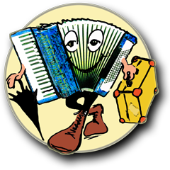 In diesem Cartoon sieht man ein Akkordeon, das auf Weltreise geht. Dies ist das Logo der Artikelfolge des Musikers Peter M. Haas aus Berlin